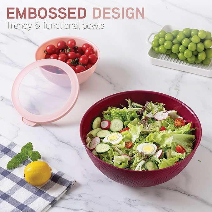 COOK WITH COLOR Mixing Bowls with Lids - 12 Piece Plastic Nesting Bowls Set includes 6 Prep Bowls and 6 Lids, Rhombus Design - Microwave Safe (Rose)