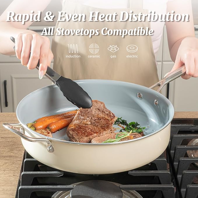 Nonstick Sauté Pan with Lid 5 QT Deep Frying Pan with Stainless Steel Helper Handle 12 inch Large Skillet Ceramic Jumbo Cooker for Healthy Cooking, Induction Compatible Cookware, PFOA Free