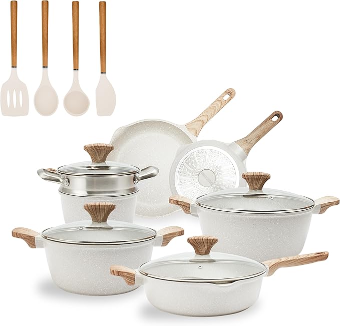 Country Kitchen Non-Stick Cast Aluminum Cookware Set - Durable Kitchen Cookware for Everyday Cooking, Cream, 15 Pc.