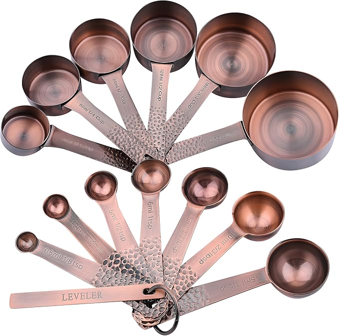 Copper Measuring Cups and Spoons Set - Stainless Steel 6 Cups, 7 Spoons, 1 Leveler, 2 Locking Rings - Kitchen Tool
