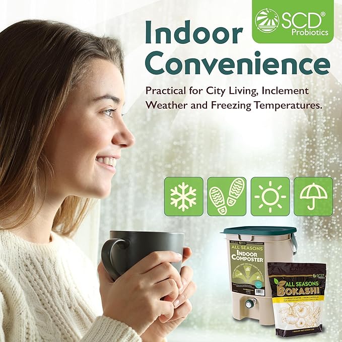 All Seasons Indoor Composter Starter Kit – 5 Gallon Tan Compost Bin For Kitchen Countertop With Lid, Spigot & 1 Gallon (2 lbs.) Bag Of Dry Bokashi Bran – by SCD Probiotics
