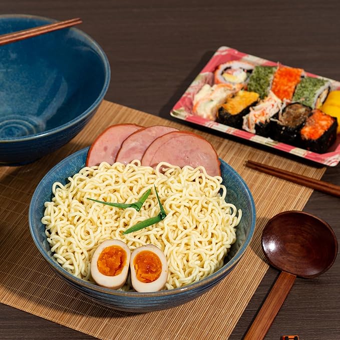 8 Inch Ceramic Ramen Bowl Set of 2, 40oz Japanese Bowls with Spoons & Chopsticks,Durable,Microwave & Dishwasher Safe,Perfect for Ramen,Pho,Salad,Soup,Noodles，Mixing bowls（Azure）