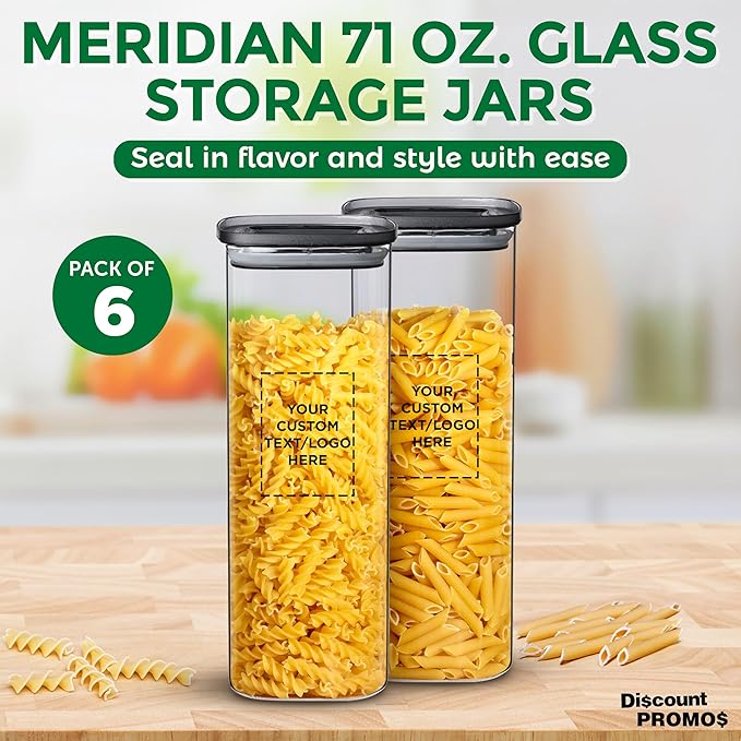 DISCOUNT PROMOS Custom Meridian 71 oz. Glass Storage Jars Set of 6, Personalized Bulk Pack - Durable Kitchen Organization, Home Decor Essentials, Food Storage Solutions - Clear