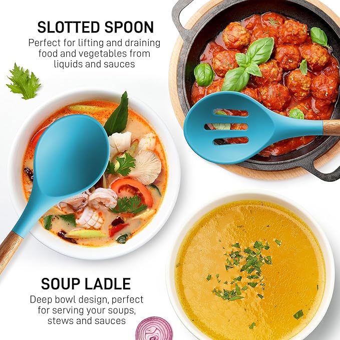 Zulay Kitchen Non-Stick Cooking Utensils Set with Authentic Acacia Wood Handles – 5-Piece Durable & Stylish Silicone Kitchen Utensils Set – Heat Resistant to 464°F – Blue