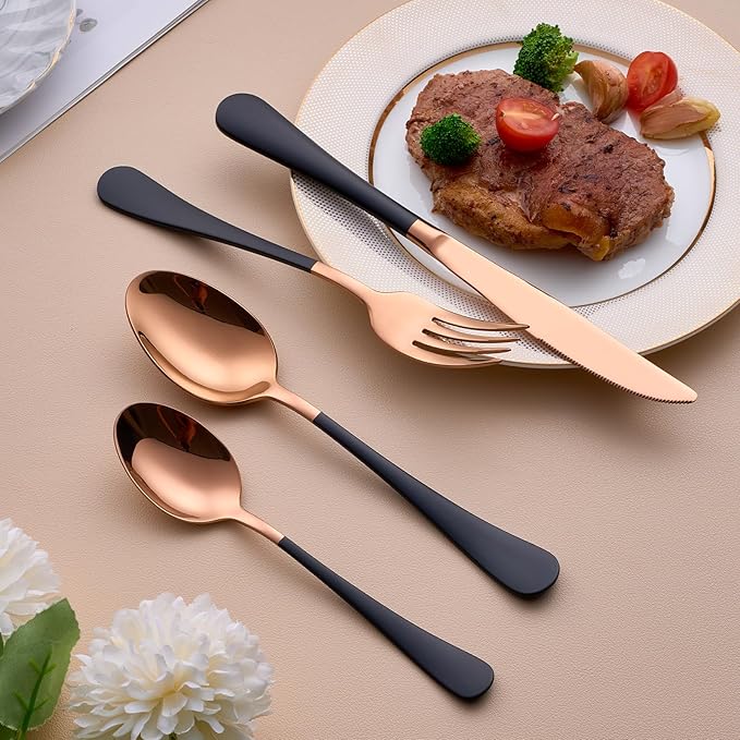 20-Piece Rose Gold and Black Silverware Set for 4 - 18/0 Stainless Steel Flatware Cutlery Utensils, Include Dinner Knives, Forks, Spoons, Salad Forks, Teaspoons, Dishwasher Safe
