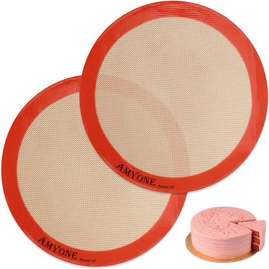 AMYONE Round Silicone Baking Mats for 10 inch Cake Pan, 10 Inch Tortilla Press Liner/Dough Mat for Cake/Tortilla/Pie/Pizza/Pastry, Food Grade Non-Stick Reusable(Round 9.65", 2PCS)