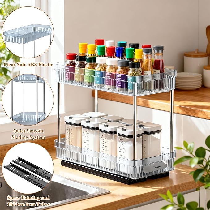 3 Pack Pull Out Spice Rack Organizer for Cabinet, 2 Tier Slide Out Spice Racks Organizer, Spice Cabinet Organizers, Cabinet Size Need:12'' High x 11'' Deep x 5'' Wide, Clear Acrylic
