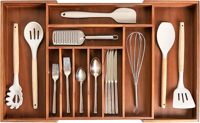 KitchenEdge Premium Silverware, Flatware and Utensil Organizer for Kitchen Drawers, Food-Safe Contract Grade, Expandable from 16 to 28 In, Natural Acacia
