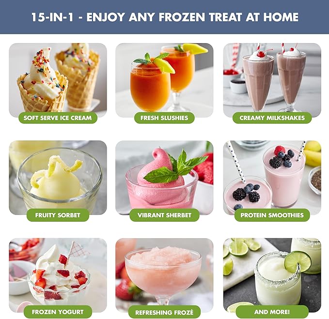 GreenPan Frost Ice Cream Machine & Frozen Drink Maker, Soft Serve, Slushie, Sorbet, Milkshakes & Cocktails, No Freezer Needed, 15-in-1, 7 Textures, Quiet & Rapid, Easy Clean, Family Size, Berry Blue