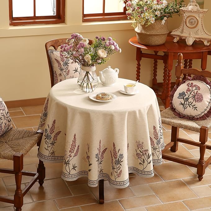 French Tablecloth for Round Tables,Linen Table Cloth with Colorful Flowers Pattern,Heavy Durable Table Cover for Dining Thanksgiving Kitchen Decor Party Christmas,Diameter 67"