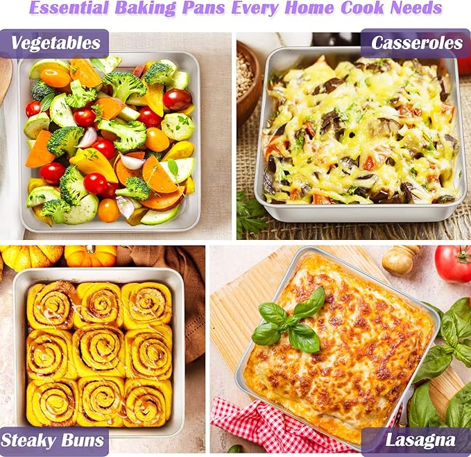 8 x 8-Inch Baking Pan, E-far Square Cake Brownie Baking Pans Stainless Steel Bakeware Set of 3, Fits in Small Toaster Oven, Non-toxic & Dishwasher Safe