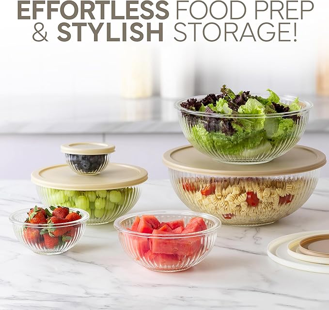 COOK WITH COLOR 12 Pc Glass Mixing Bowl Set with Lids – Borosilicate Glass Nesting Bowls for Cooking, Baking and Meal Prep, Fluted Brown