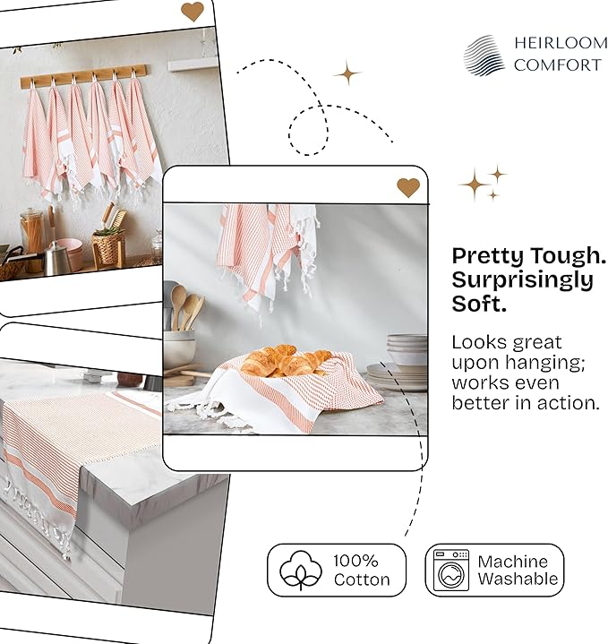 Orange Turkish Kitchen Towels 16x26 Inch, 5 Pack, 100% Cotton, Ultra Absorbent, Soft, Fast Dry, Machine Washable, Dish Towel with Tassels for Drying Dishes, Cleaning, Everyday Use