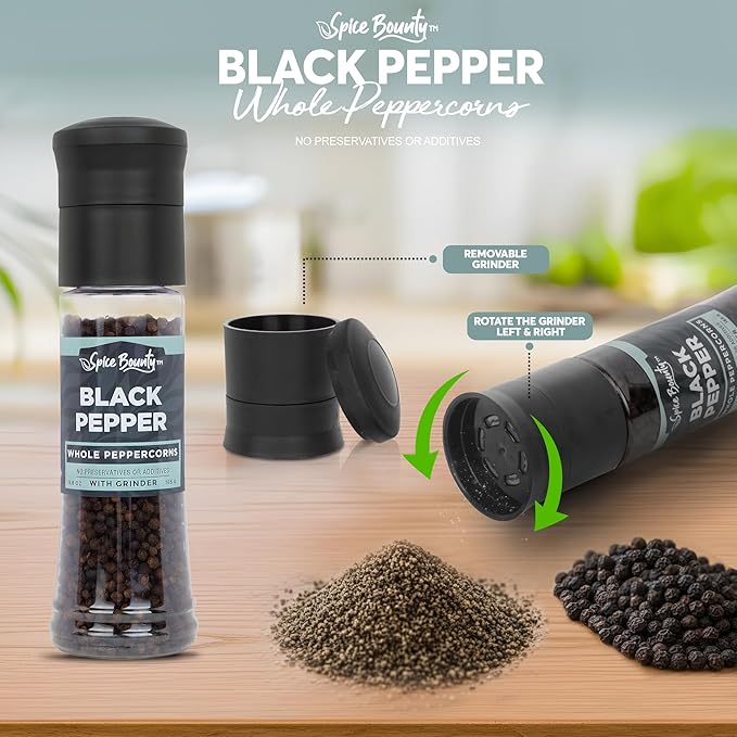 Spice Bounty - Whole Black Peppercorns with Grinder 5.8 oz | Adjustable Pepper Mill, Freshly Ground Pepper, Natural Seasoning Spice