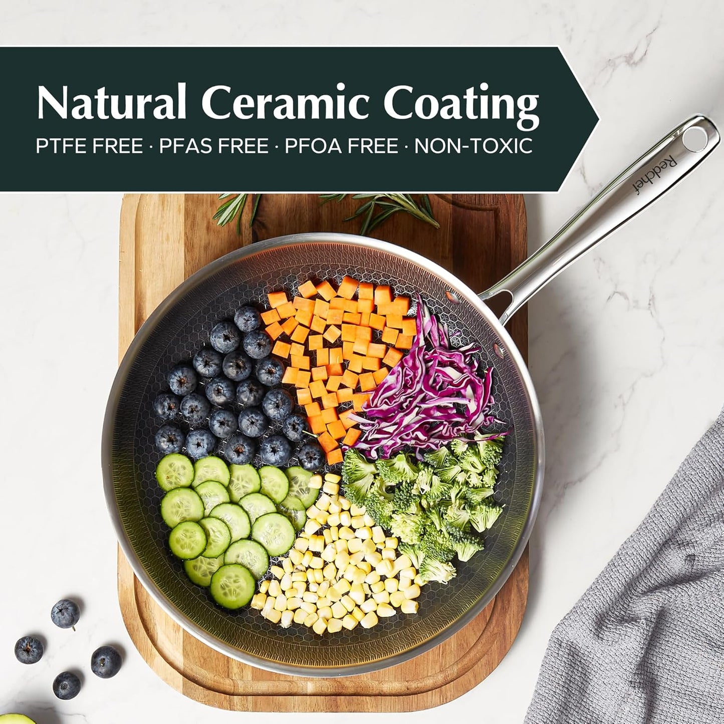 Redchef Non Stick Frying Pans, Hybrid Ceramic Frying Pan, Nonstick Skillet with Stay-Cool Handle, Non Toxic, PFAS PFOA & PTFE Free, Dishwasher & Oven Safe, Compatible All Cooktops (Black, 8 inch)