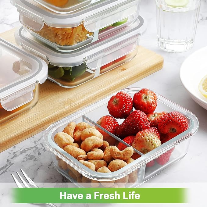 HOMBERKING 10 Pack 24oz Glass Meal Prep Containers 2 Compartment, Glass Food Storage Containers with Lids, Airtight Lunch Bento Boxes, BPA-Free & Leak Proof (10 lids & 10 Container) - Grey