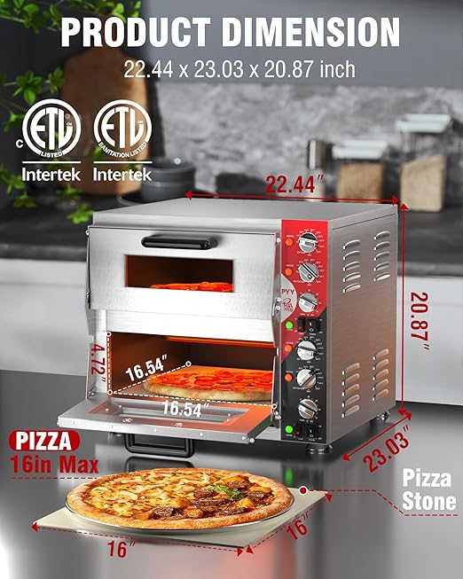 PYY Indoor 16in Pizza Oven - Double Decker Electric Pizza Ovens Countertop with Pizza Stone, 60-Min Ring Timer, for Home and Restaurant Commercial, 3200W, ETL Listed