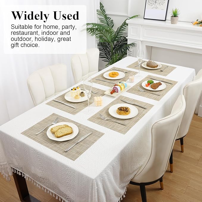 SHACOS Placemats Set of 6 Woven Vinyl Place Mats Wipeable Heat Resistant Stain Resistant Table Mats Indoor Outdoor, Beige