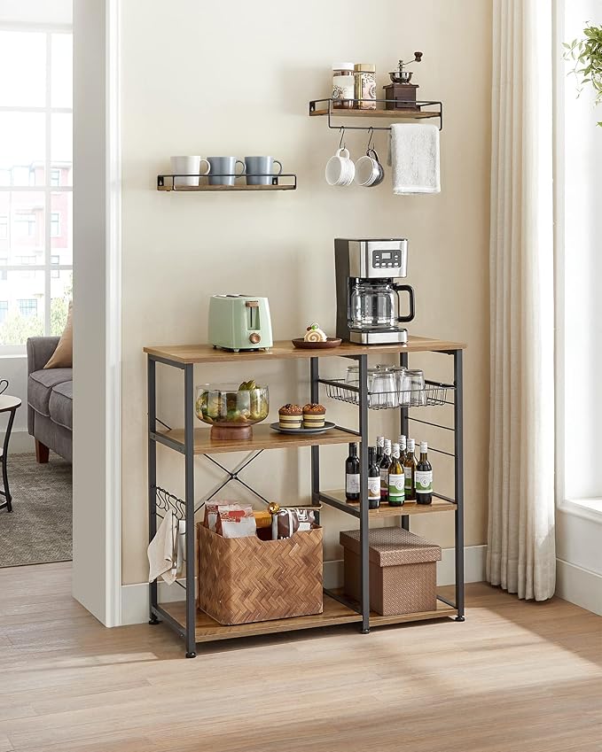 VASAGLE ALINRU Kitchen Baker’s Rack, Coffee Bar, Microwave Oven Stand, with Steel Frame, Wire Basket, 6 Hooks, for Mini Oven, Spices Utensils, Industrial, Rustic Walnut and Black UKKS090B41