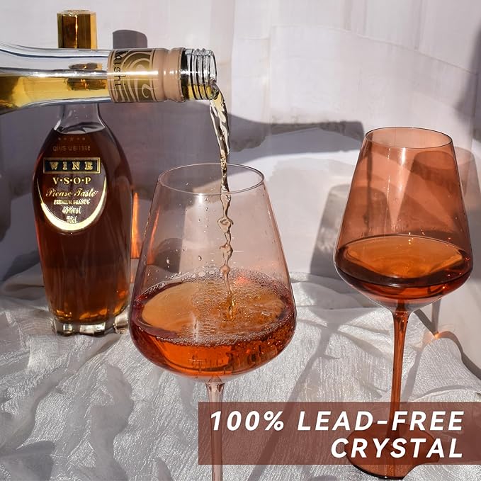 Colored Wine Glasses Set of 6, 19.5oz Stemmed Amber Wine Glasses, Brown Colorful Large Glasses with Long Stem, Hand-Blown, Ideal Gift For Daily Use, Special Occasions, Wedding, Anniversary