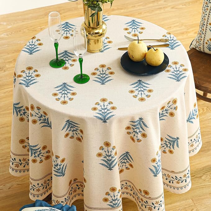 French Tablecloth for Round Tables,Linen Table Cloth with Yellow Flowers and Leavs Pattern,Heavy Durable Table Cover for Dining Thanksgiving Kitchen Decor Party Christmas,Diameter 67"