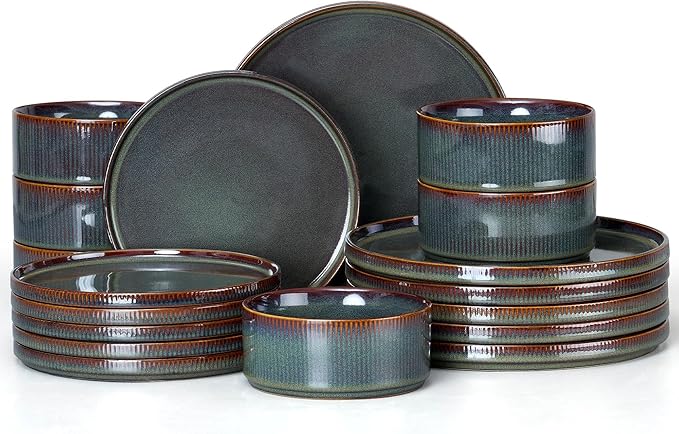 E-far Stoneware Dinnerware Sets, 18-Pieces Modern Plates and Bowls Sets, Kitchen Dinning Porcelain Dishes Set for 6, Chip & Scratch Resistant, Dishwasher & Microwave Safe, Blackish Green