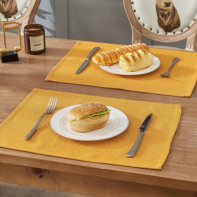 BALCONY & FALCON Placemats Set of 6 Faux Linen Cloth Place Mats Washable Waterproof Wrinkle Resistant Table Placemats for Dining Kitchen Farmhouse Indoor & Outdoor Use(Golden, 13.8”x 17.7”