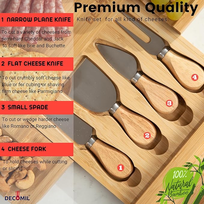 DECOMIL - Bamboo Cheese Board and Knife Set, Charcuterie Set, Cheese Board and Cutlery Set, Cheese Cutting Board,%100 Bamboo and Durable