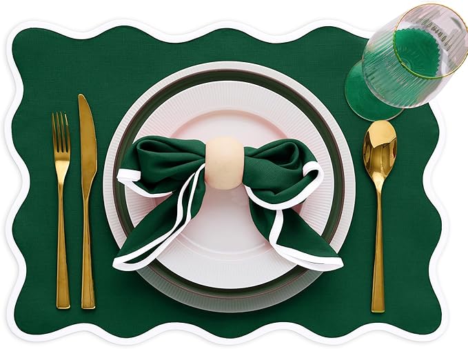 Solino Home Scallop Linen Cloth Napkins Set of 4-100% Pure Linen White and Christmas Green Dinner Napkins 20 x 20 Inch - Giselle Scallop Edge, Handcrafted and Machine Washable