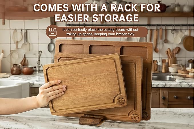 Acacia Wood Cutting Board Set,Thick Wooden Cutting Board for Kitchen with Holder,Chopping Board with Deep Grooves&Built-in Handles, Wooden Charcuterie Board Trays for Meat,Fruit,Cheese