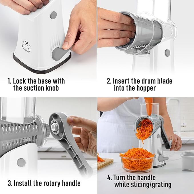 Zulay Kitchen Rotary Cheese Grater 5 Blade Cheese Shredder - Manual Hand Crank Cheese Grater With Reinforced Suction & 5 Interchangeable Drums - Easy to Use, Vegetable Chopper Round Mandoline Slicer