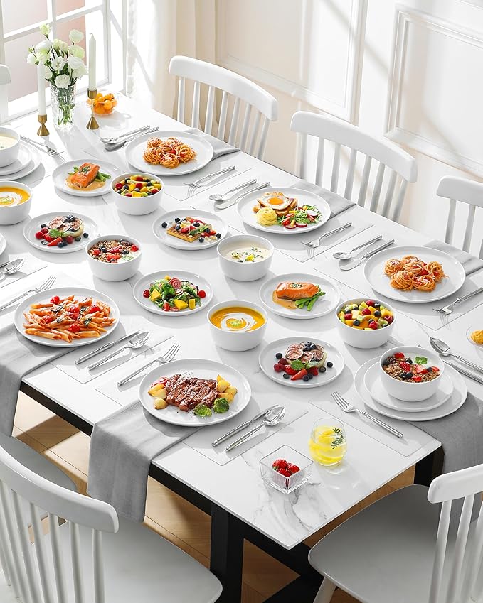 MALACASA 24 Pieces Gourmet Porcelain Dinnerware Sets, Premium Plates and Bowls Set, High-Fired Ceramic Dishes Set for 8, Chip & Scratch Resistant, Microwave Dishwasher Safe, White, Series LEXI