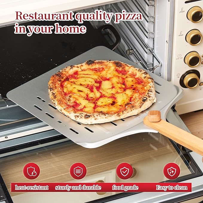 Perforated Pizza Peel, 12 inch Anodized Aluminum Pizza Spatula Paddle with Foldable Wood Handle, Lightweight Pizza Turning Peel for Baking Bread, Easy Storage Pizza Oven Accessories Tools