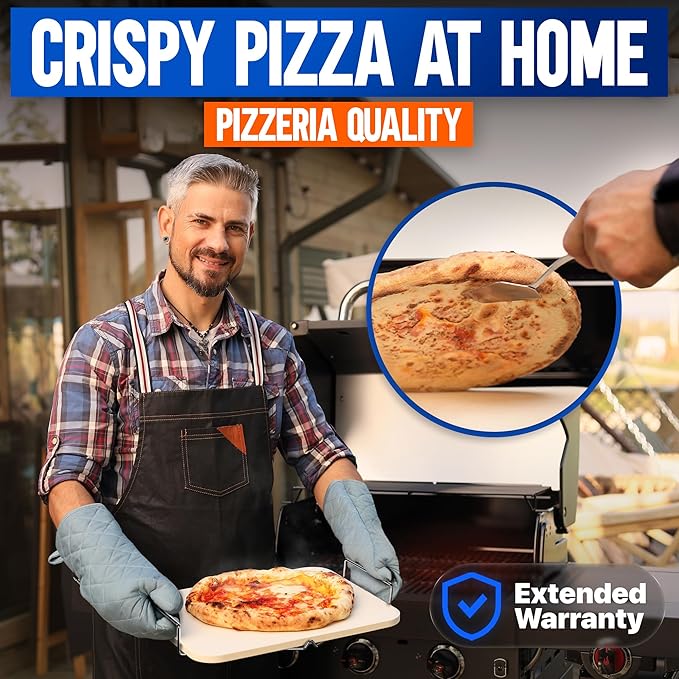 KitchenStar 15x12-inch Pizza Stone for Oven & BBQ Grill with Handles, Rectangular, 5/8" Thick - Natural Cordierite, 1800°F Resistant, Baking Stone Set with Stainless Steel Rack & Plastic Scraper Tool