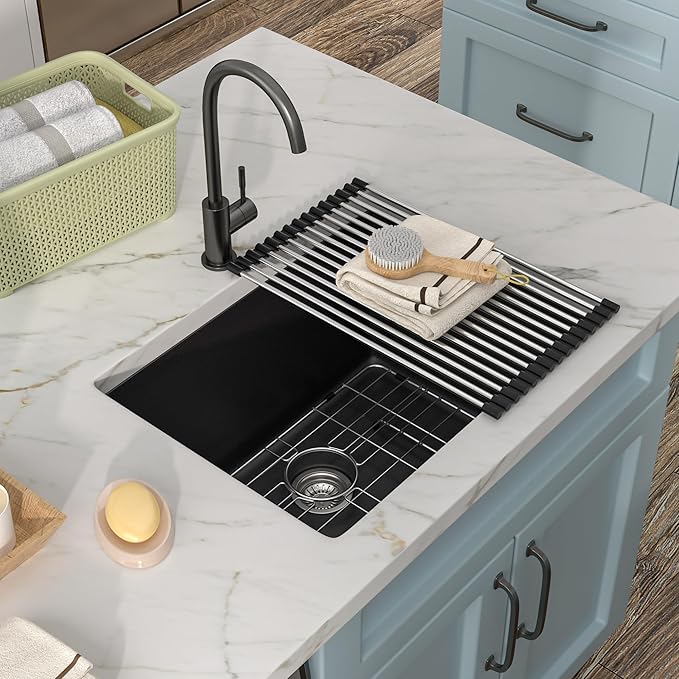 24 Undermount Laundry Sink - Fulorni 24"x18" Laundry Room Utility Sink Undermount Matte Black Granite Composite Quartz Classic 12 Inch Deep Single Bowl Under Counter Basin