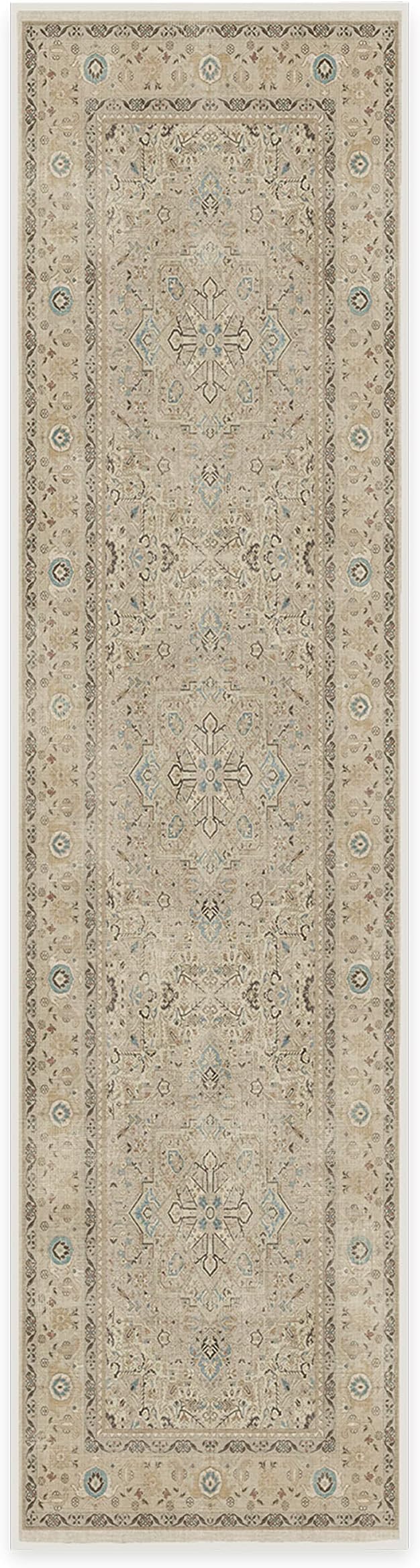 RUGGABLE Washable Vintage Runner Rug – Kamran Ivory Opal 2.5x10, Stain-Resistant, Non-Slip Hallway Runner – Machine Washable Rug for Hallway, Entryway, Living Room & Kitchen–with Cushioned Pad