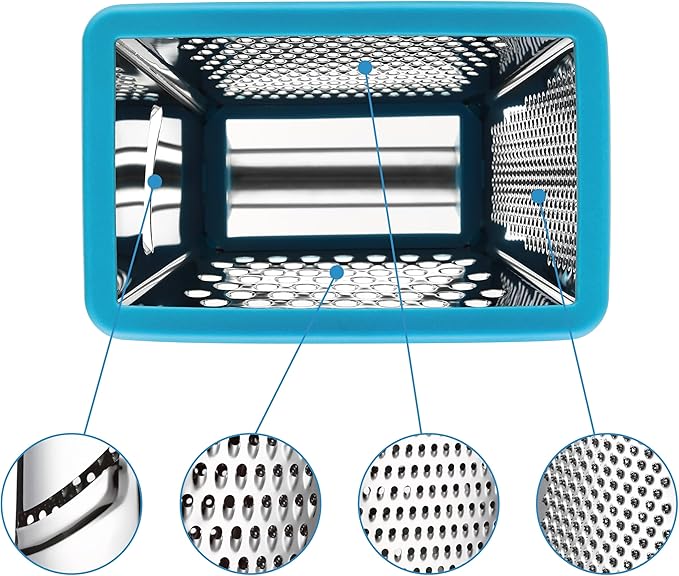 Spring Chef Handheld Stainless Steel XL Parmesan Cheese Grater with Handle - 4 Sided Metal Box Grater for Kitchen - Dishwasher Safe Potato Shredder for Hash Browns, Potato, Carrot, Vegetables - Teal