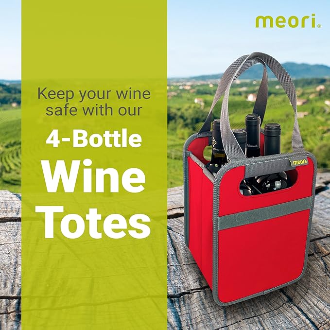 Meori Collapsible Drink Tote Bag, 4 Bottle Bag, Tear-Resistant Reusable Drink Carrier, Foldable Portable Carrier, Gift for Wine Lovers, Hibiscus Red