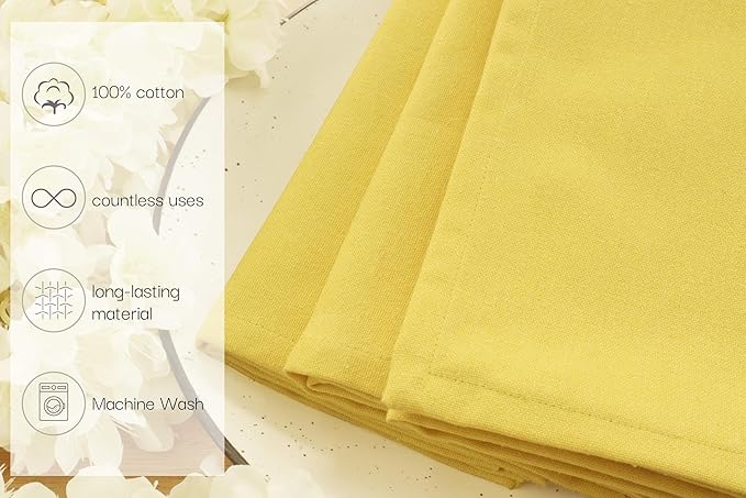 PurpleEssences Set of 12 Cloth Dinner Napkins 100% Cotton 18x18 Inch - Soft Durable Washable - Ideal for Farmhouse Party Christmas Holiday Winter - Perfect Everyday Use Table Linen - Yellow