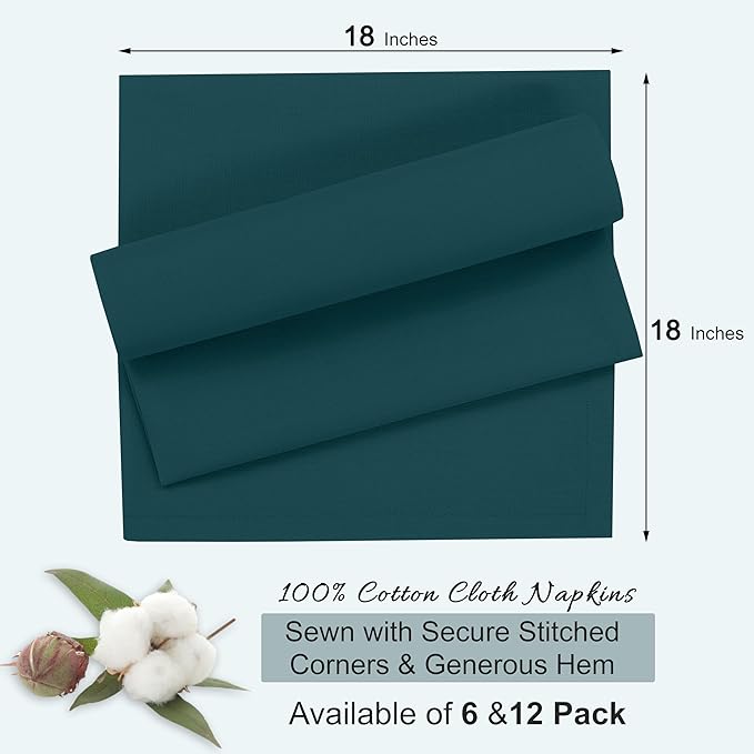 Ruvanti Cloth Napkins Set of 12, 18x18 Inches, 100% Cotton, Washable, Soft & Absorbent, Perfect for Wedding, Christmas, ‎Thanksgiving Dinners - Deep Teal