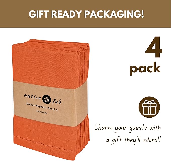 Native Fab Cloth Napkins, Set of 4, 100% Cotton, Hemstitch Mitered Corners, 18 x 18 inch, Soft, Washable, Absorbent, Reusable, Hotel Linen Quality - Events,Wedding, Party, Dinner Napkins - Orange