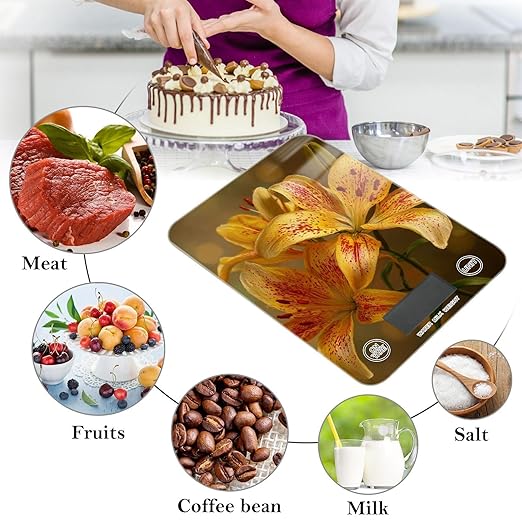 Yellow Lilies Flowers Food Scale Kitchen Digital Scale Food Ounces and Grams Dieting Baking Cooking Waterproof Glass Panels LCD Display,4 Units Tare Function