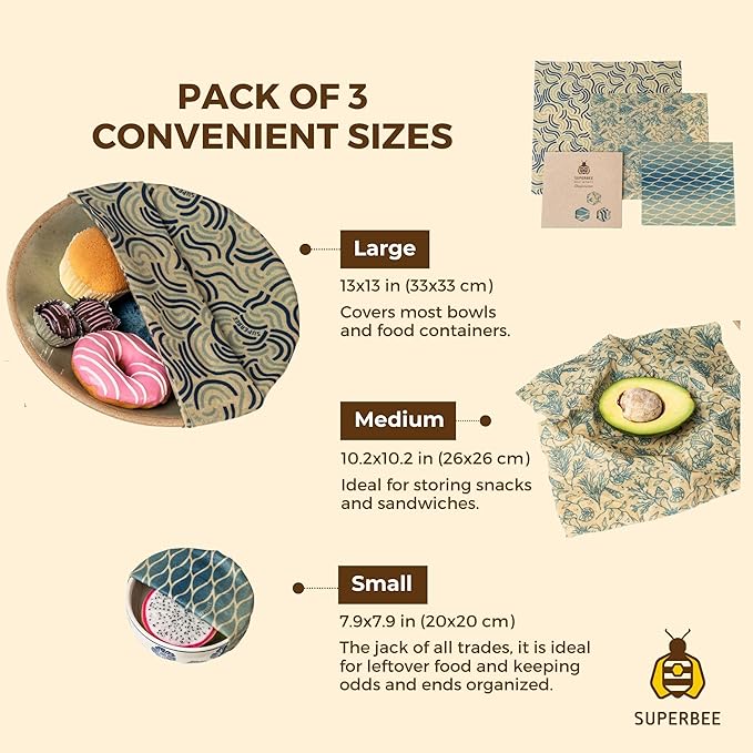 SUPERBEE Beeswax Wrap for Food, Set of 3 Bees Wax Wraps, Reusable for Wrapping Vegetables, Cheese Paper, Bowl Covers and Sandwich Wrapping Paper, Beeswax Food Wrap (Ocean)