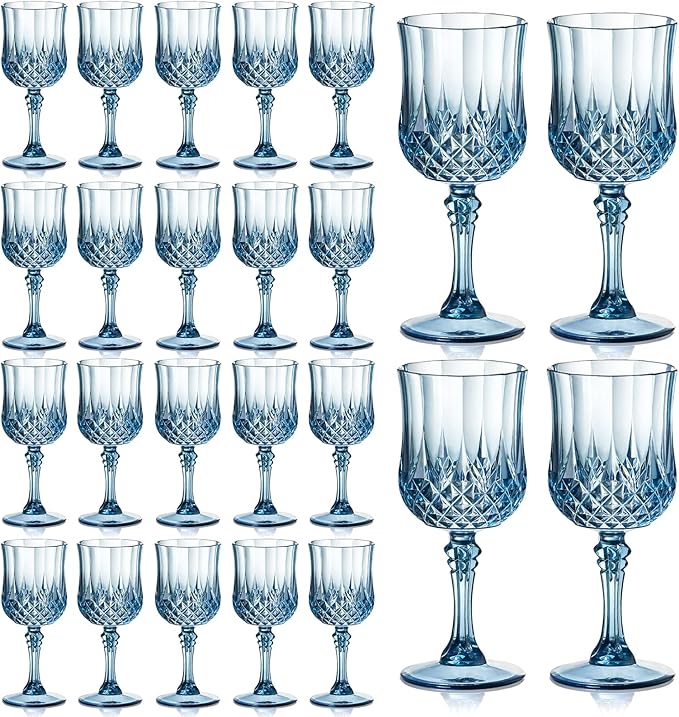 XUWAIDSGN 24 Pcs 7oz Plastic Vintage Wine Glasses Drinking Glasses Unbreakable Wedding Glassware Crystal Water Goblets Reusable Drinkware Vintage Champagne Flutes (24, Blue)