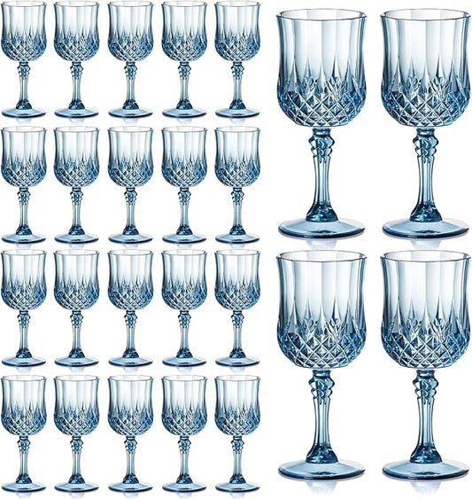 XUWAIDSGN 24 Pcs 7oz Plastic Vintage Wine Glasses Drinking Glasses Unbreakable Wedding Glassware Crystal Water Goblets Reusable Drinkware Vintage Champagne Flutes (24, Blue)