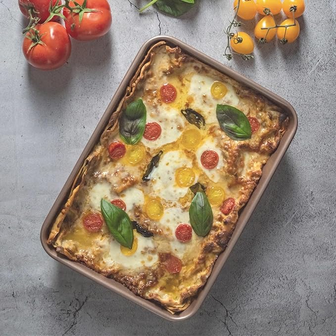 HAPPIELS Nonstick Non Toxic 9x13 in Baking Pan for oven | Cake Mold 9 x 13 Non Stick Nontoxic | Carbon Steel Gold Brownies Pans 13x9 inches | Rectangle Brownie Tray 9 by 13 inch | Baking Ware