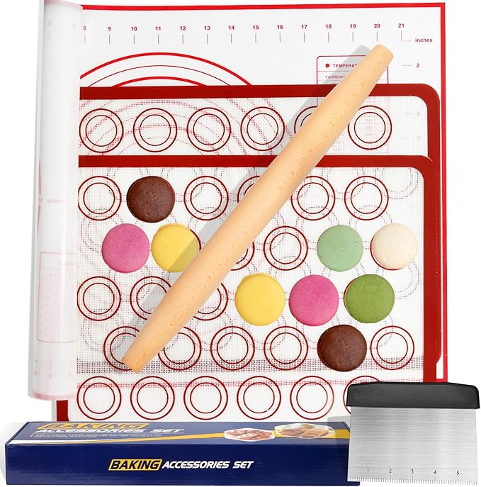 Silicone Baking Mat Sets, Dough Mat with Macaron Baking Mat Pastry Cutter Rolling Pin,Food Safe Pastry Mat, Reusable Cookie Sheets Liner