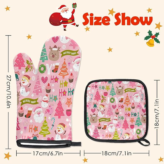 Oven Mitts Pot Holders Set 3 for Kitchen, Merry Christmas Insulation Oven Gloves Heat Resistant Pot Pads Cook Essentials Accessories for BBQ Baking Cooking Kitchen Decor Gifts for Women