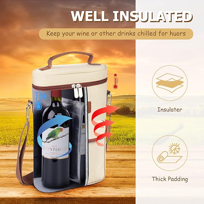 Tirrinia 2 Bottle Wine Gift Tote Carrier - Leakproof & Insulated with large pockets Wine Cooler Bag for Travel, Wine Tasting, Party, Dinner, Great Gift for Wine Lover