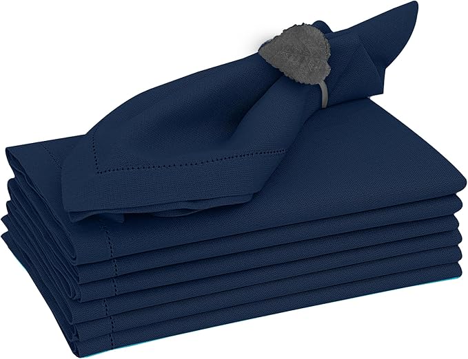 Ruvanti Premium Linen Napkins Set of 6-20x20 Inch, Classic Hemstitch, Mitered Corner Cloth Napkins ‎‎- Soft, Elegant Dinner Napkins Cloth Washable for Weddings, Parties, Everyday Use - Navy